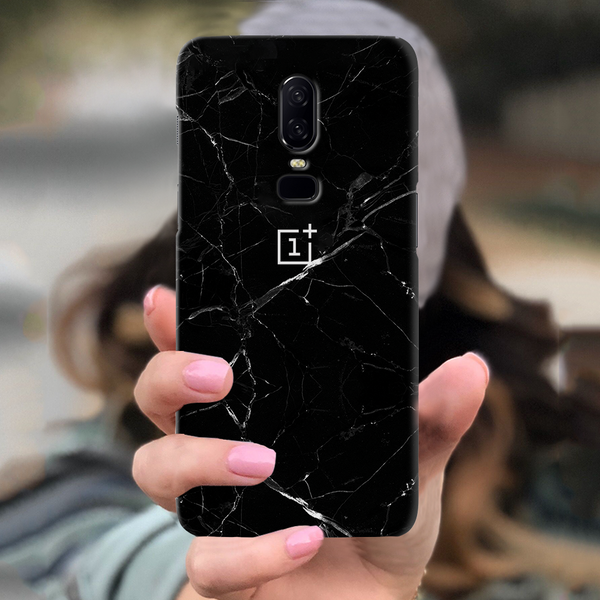 OnePlus 6 Jet Black Marble Back Cover and Case Black Cracked